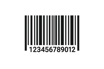 Barcode vector icon for product identification and tracking. Simple bar code with numbers for scanning. Universal tag for price, sale, and logistics. Digital data symbol.