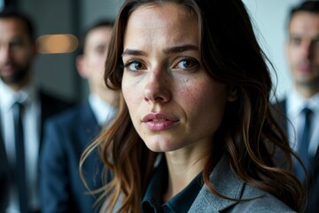 A businesswoman shedding a tear in close-up, isolated in foreground with concerned colleagues in background.