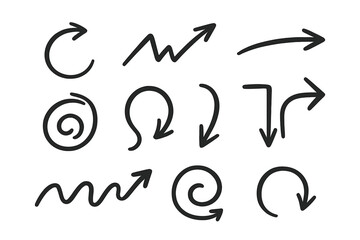 Hand drawn arrows vector icon set. Doodle direction pointers. Sketchy marker scribble symbols. Line art graphic design elements for infographic, web, presentation.