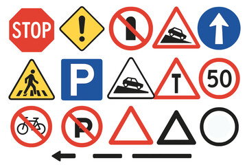 Complete Set of Printable Road Traffic Signs and Symbols Vector—Stop, Speed Limit, Parking, Warning, No Entry, Pedestrian, Roundabout, and Regulatory Signs, Blue, Red, and Yellow Designs