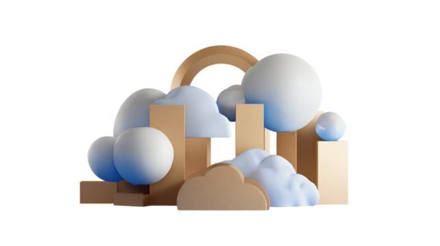 Creative 3D rendering composition with geometric shapes and clouds on transparent background