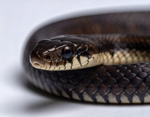 Obraz premium A macro portrait of a common non-venomous snake isolated on a white background. Generated image