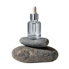 Glass dropper bottle with clear liquid on stacked stones isolated on transparent background
