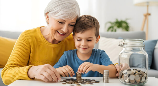 Grandmother and grandson joyfully counting coins together, saving money, family bonding.