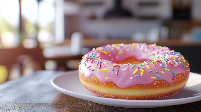 Colorful sprinkles on pink frosted donut on white plate indoors