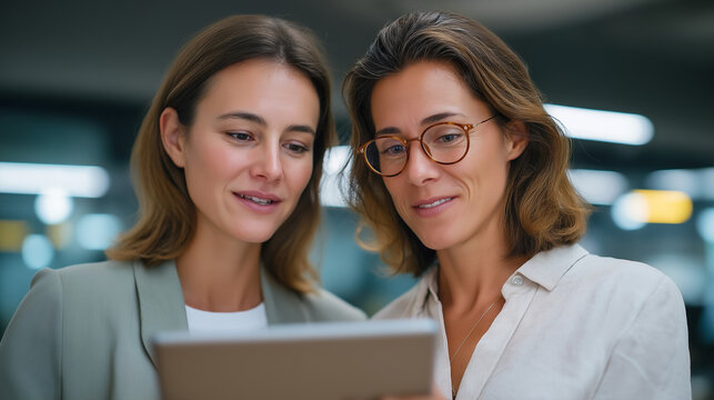 Women collaborating in modern office reviewing tablet data