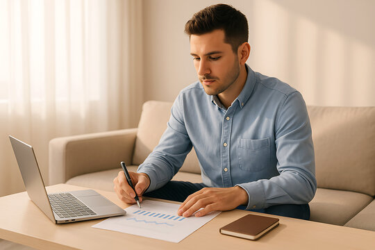Businessman analyzing charts and taking notes in modern office workspace, data report