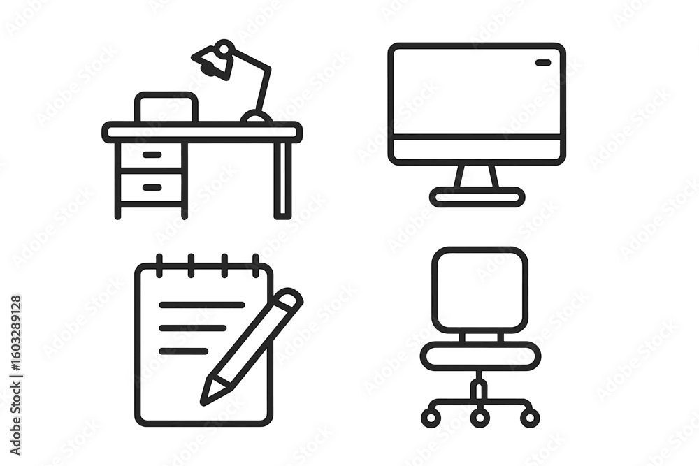 Fototapete office workplace vector icon set. four linear icons including desk with lamp, computer monitor, note