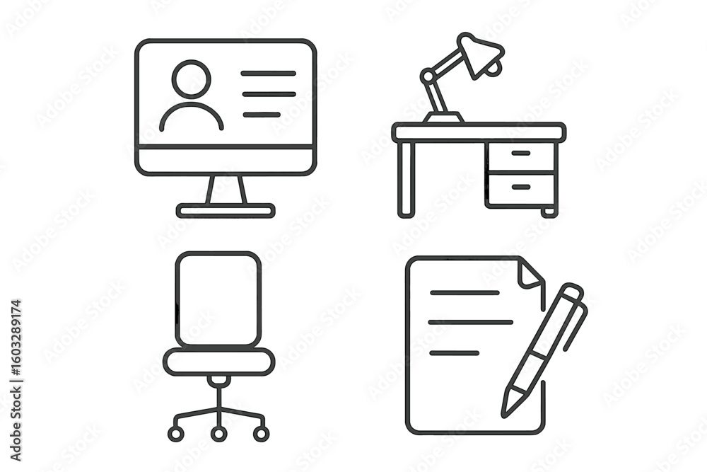 Fototapete Office workplace vector line icon set. Business concept outline symbols for web and apps. Computer screen with user profile, work desk with lamp, chair, document with pen.