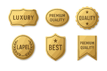 Premium Golden Luxury Badges and Labels Set&mdash;Vector Illustration, Realistic Gold Seal Designs for Premium Quality, Luxury, Best, Lapel, Award, Certification, Transparent Background