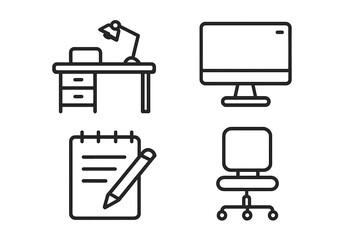 Office workplace vector icon set. Four linear icons including desk with lamp, computer monitor, notepad with pencil, and swivel chair. Editable outline for graphic design.
