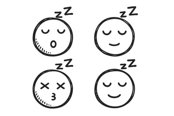 Fototapeta premium Hand Drawn Cartoon Sleepy Face Emoji Set with Zzz, Closed Eyes, Peaceful, Dreaming, Snoozing, Cute Expressions, Black and White Sketch, Doodle Style Vector Illustration on Transparent Background