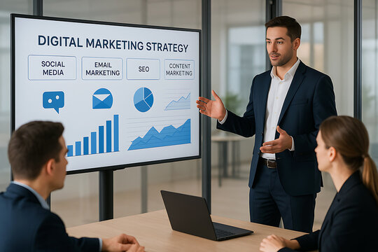 Man presenting digital marketing strategy to team in boardroom, data and chart display