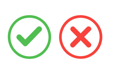 Green check mark and red cross icon set. Yes and no button symbol. Correct and incorrect sign. Right and wrong vote choice. Accept and reject decision vector.