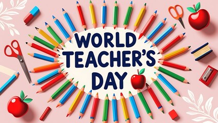 Colorful pencils and school supplies arranged around world teacher s day text