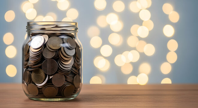 Clear glass jar filled with coins, representing savings or financial accumulation, against a blurred background of bokeh lights.