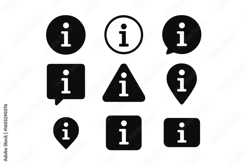 Poster info icons set. black bubbles, pointers, and signs for information. flat vector info symbol. help, f