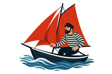 Vintage Sailor on Small Boat with Red Sails, Maritime Adventure Concept, Nautical Illustration, Seafarer in Striped Shirt and Cap, Ocean Travel, Classic Marine Navigation, Isolated Vector Art