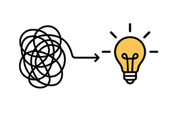 Simplifying the complex. Idea and creative concept of solution. From chaos to order. Problem solving, innovation and creativity. Untangling tangled knot to light bulb.
