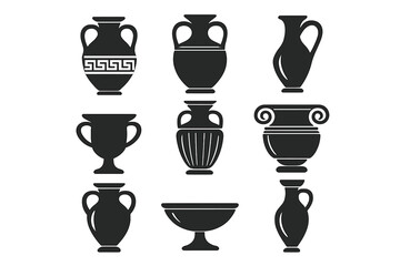 Ancient Greek Vase Silhouettes Collection. Black Amphora, Krater, Kylix, Hydria, Lekythos, Icon Set. Traditional Pottery Shapes, Classical Geometric Patterns. Transparent Background Vector Art.