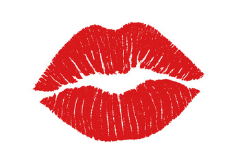 Red lipstick kiss imprint, romantic lip print, passionate love symbol, red lips mark, sensual makeup stain, transparent PNG and vector illustration for romantic design