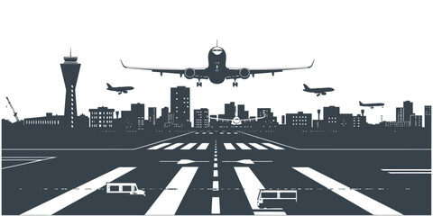 Busy silhouette airport vector with runway terminal and control tower in black and white