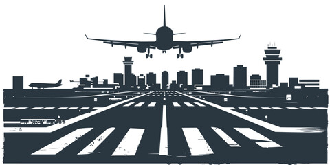 Busy silhouette airport vector with runway terminal and control tower in black and white