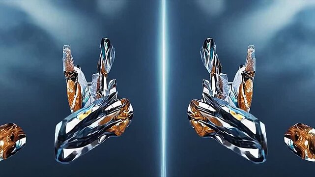 A symmetrical abstract image features two pairs of metallic textured objects facing each other against a blurred blue background A bright vertical line of light separates