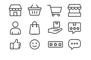 Shopping Line Icon Set – Shop, Store, Cart, Market, Buyer, Purchase, Goods, Customer Satisfaction, Outline Vector Icons in Linear Style, Pictogram Collection for E-commerce and Retail