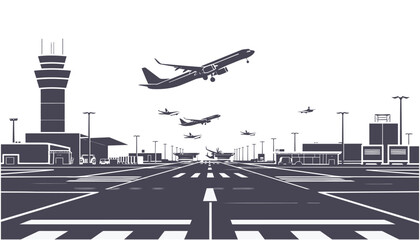 Busy silhouette airport vector with runway terminal and control tower in black and white