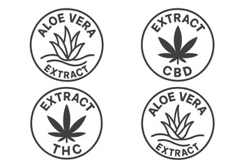 Cosmetic Packaging Stamps Vector Set. Aloe Vera Extract and Cannabis Leaf Extract Labels with Flowing Plant Line Icons. CBD, THC, Botanical Herbal Plant Extract Badges for Natural Cosmetic Products