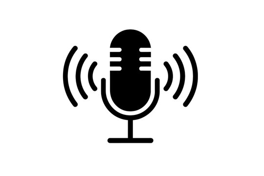Microphone icon with sound waves for recording. Voice message and podcast symbol. Radio broadcast audio sign. Black vector illustration isolated on white background.
