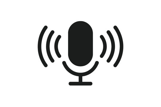Microphone icon with sound waves. Voice recording symbol. Audio podcasting and broadcasting sign. Radio, studio communication pictogram. Speech recognition vector illustration.
