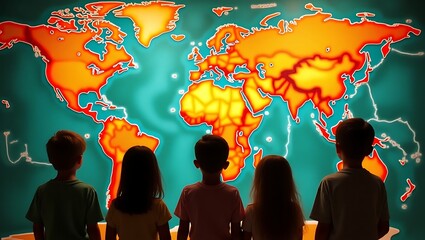 Diverse group of children looking at a brightly colored illuminated world map in a museum or classroom