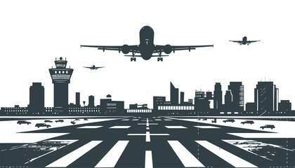Busy silhouette airport vector with runway terminal and control tower in black and white