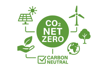 CO2 net zero emission concept. Carbon neutral strategy with green icons. Renewable energy, ecology and environment conservation illustration. Sustainable development goal.