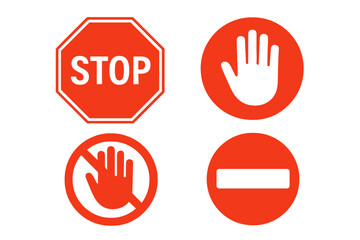 Stop Red Sign Icon Set with Hand Print Symbol, Do Not Enter Warning Signs, Transparent PNG and Vector Illustration, Prohibition and Safety Alerts, Traffic and Security Symbols