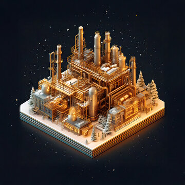 Golden Chemical Factory illustration on black background with pipes, chimneys.	