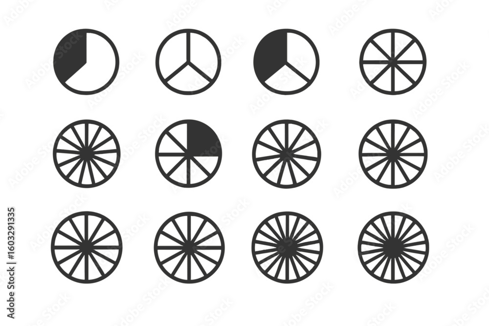 Poster pie chart icon set. segmented circle diagrams for data visualization. infographic elements for busin