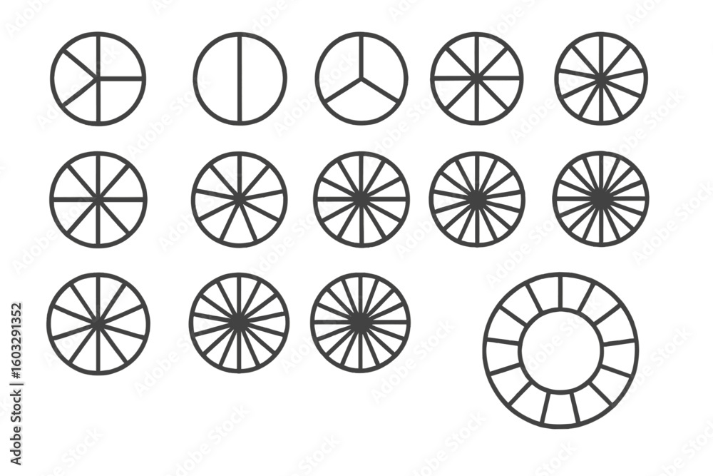 Poster vector pie chart icons set. segmented circles divided into equal parts. infographic elements for dat