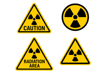 Radioactive material warning icon set. Radiation danger symbol collection. Yellow triangle caution sign for hazardous area. Nuclear energy alert vector illustration isolated.