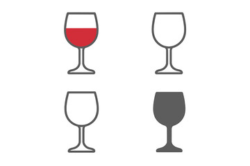 Wine glass icons set. Red wine glass, outline, filled silhouette, minimalist vector illustration. Stemware simple isolated modern design. Transparent PNG and editable stroke style symbols.