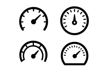 Speedometer gauge icon set of 4 isolated black dashboard meters vector illustration. Automobile tachometer, velocity indicator, UI control dial symbols on transparent background
