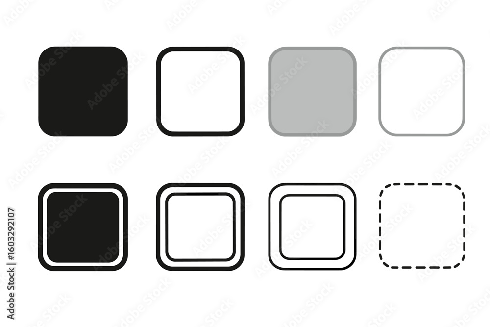 Poster set of square shapes with rounded corners. collection of geometric squircle frames and borders in fl