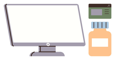 Desktop monitor with a blank screen, a medicine bottle, and a browser pop-up window. Ideal for healthcare, online consultation, telemedicine, pharmacy, digital marketing, research or simple landing