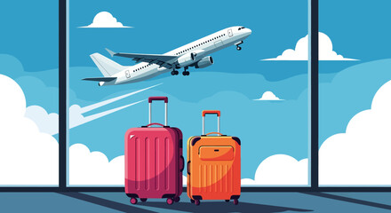 Adobe Illustrator artwork flat style illustration of two colorful suitcases at an airport with a plane taking off and a city skyline. Ideal for themes of summer travel and departures
