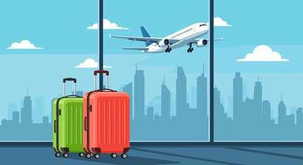 Adobe Illustrator artwork flat style illustration of two colorful suitcases at an airport with a plane taking off and a city skyline. Ideal for themes of summer travel and departures