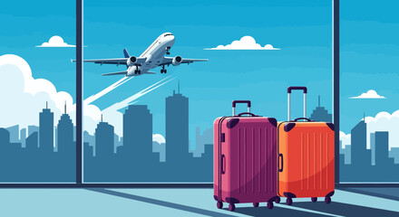 Adobe Illustrator artwork flat style illustration of two colorful suitcases at an airport with a plane taking off and a city skyline. Ideal for themes of summer travel and departures © meeblues