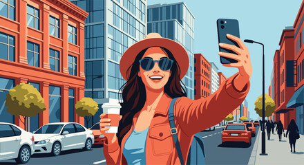 Adobe Illustrator artwork flat style illustration of a happy woman taking a selfie in a sunny city street, holding coffee, wearing sunglasses and a hat. Ideal for summer travel themes