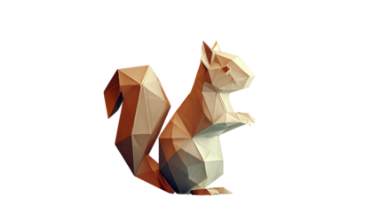 Low poly papercraft squirrel sculpture with geometric design on transparent background